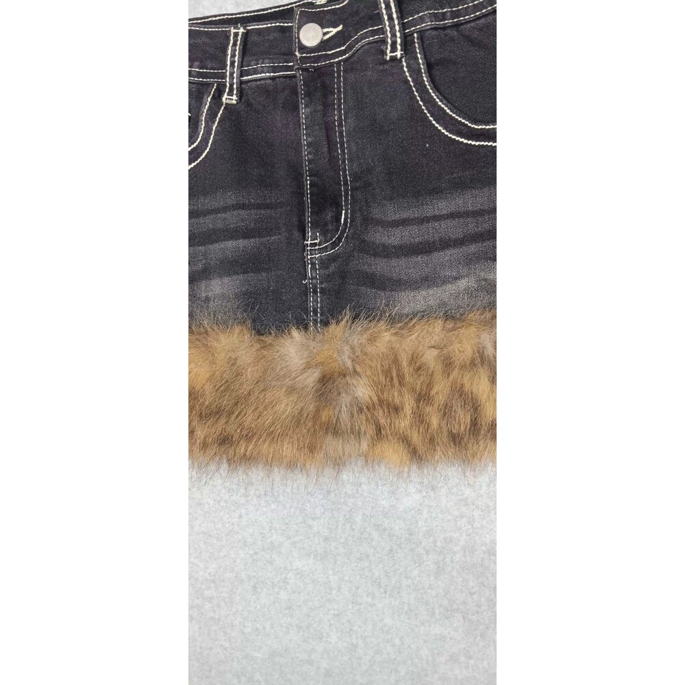 Romwe Kawaii Y2K Gyaru Faux Fur Denim Mini Skirt S Retro Bratz Mall Goth Grunge - Picture 6 of 14